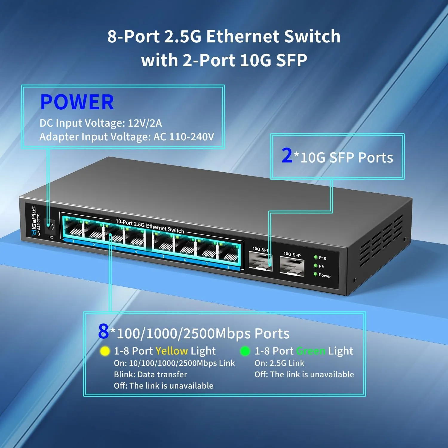 10 Port 2.5Gb Unmanaged Ethernet Switch with 8* 2.5G Base-T Ports, 2* 10G SFP  Ports. GiGaPlus 2.5Gbps Network Switch for 2.5Gbps NAS/PC, WiFi6 Router, Wireless AP. Fanless Design, Plug and Play