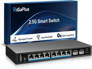 10 Port 2.5Gb Unmanaged Ethernet Switch with 8* 2.5G Base-T Ports, 2* 10G SFP  Ports. GiGaPlus 2.5Gbps Network Switch for 2.5Gbps NAS/PC, WiFi6 Router, Wireless AP. Fanless Design, Plug and Play