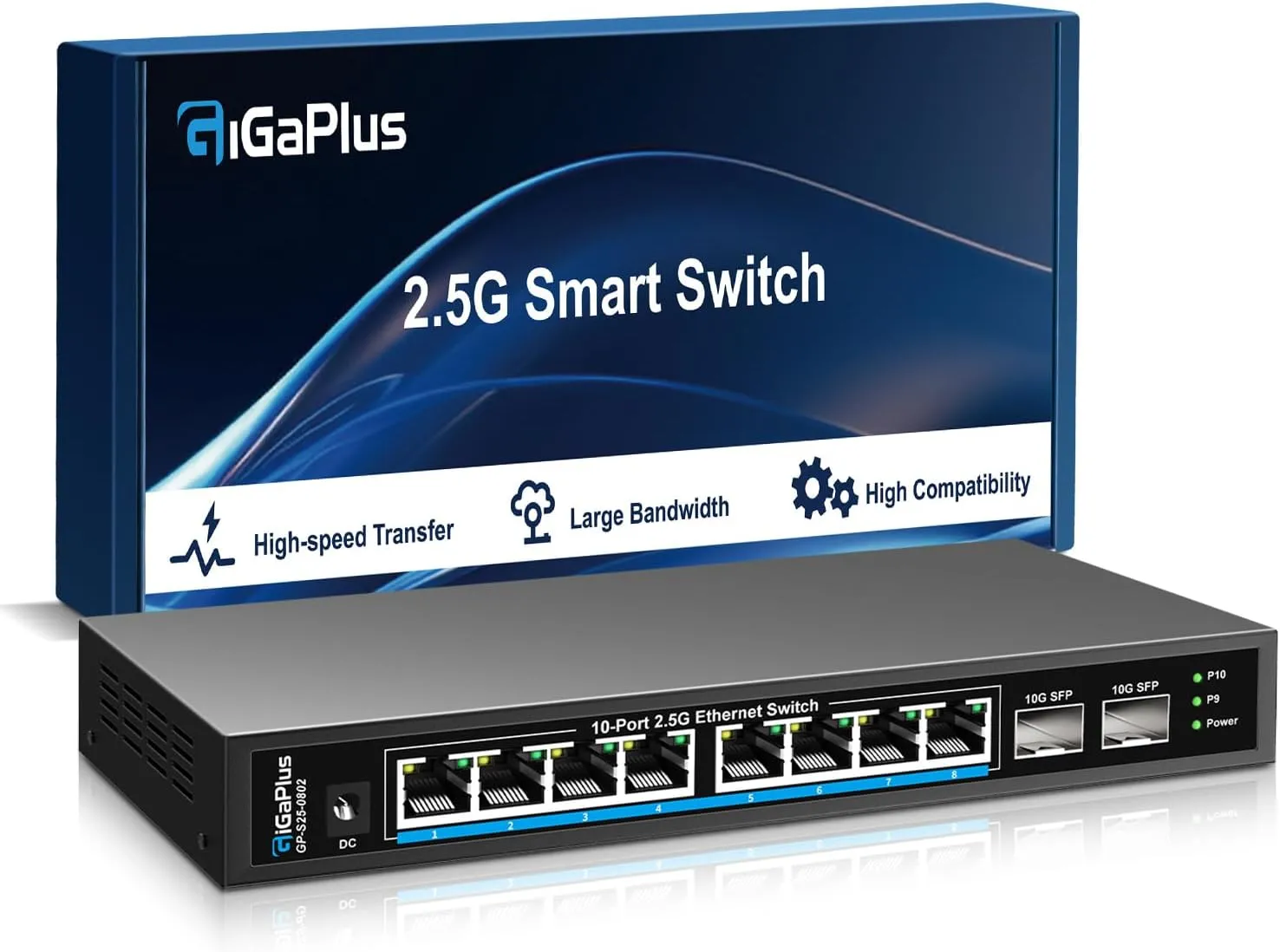 10 Port 2.5Gb Unmanaged Ethernet Switch with 8* 2.5G Base-T Ports, 2* 10G SFP  Ports. GiGaPlus 2.5Gbps Network Switch for 2.5Gbps NAS/PC, WiFi6 Router, Wireless AP. Fanless Design, Plug and Play