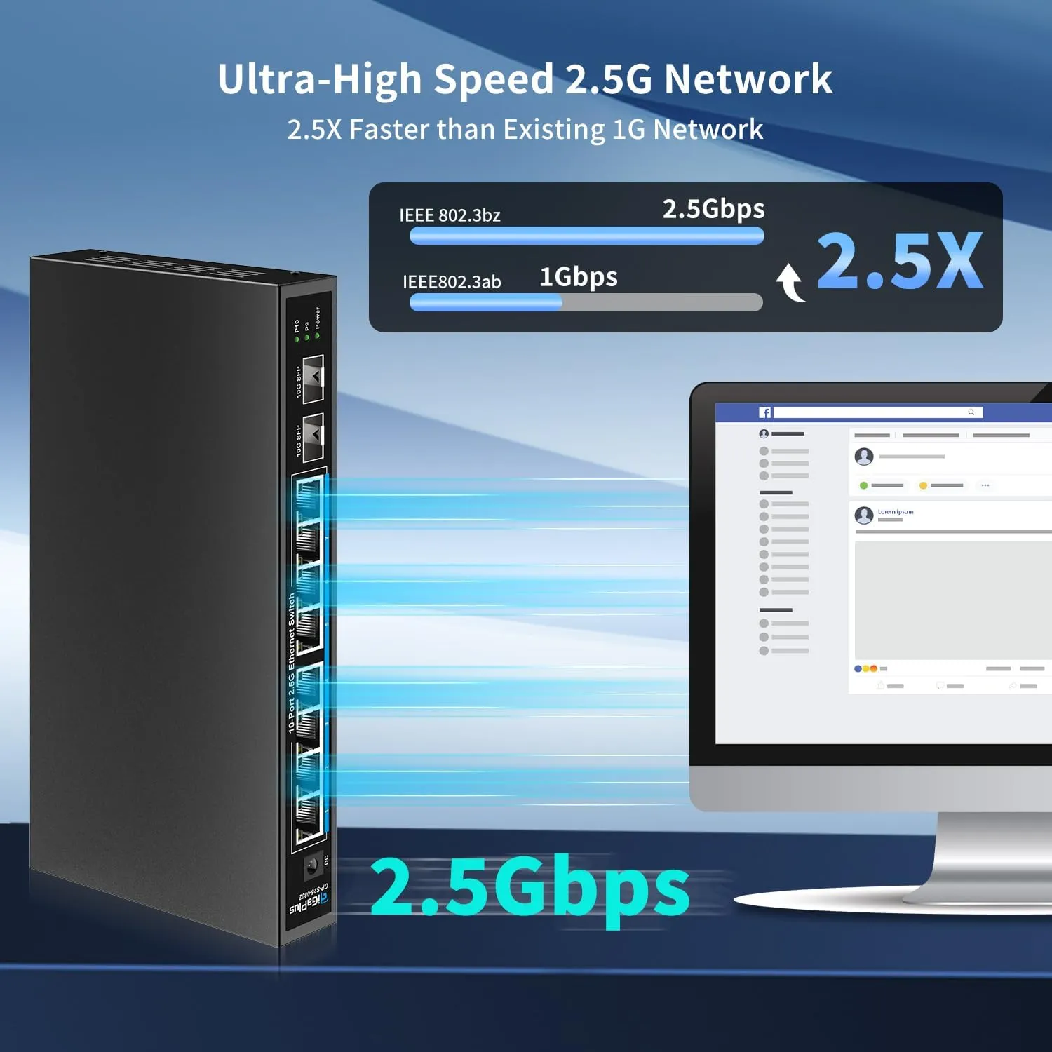10 Port 2.5Gb Unmanaged Ethernet Switch with 8* 2.5G Base-T Ports, 2* 10G SFP  Ports. GiGaPlus 2.5Gbps Network Switch for 2.5Gbps NAS/PC, WiFi6 Router, Wireless AP. Fanless Design, Plug and Play