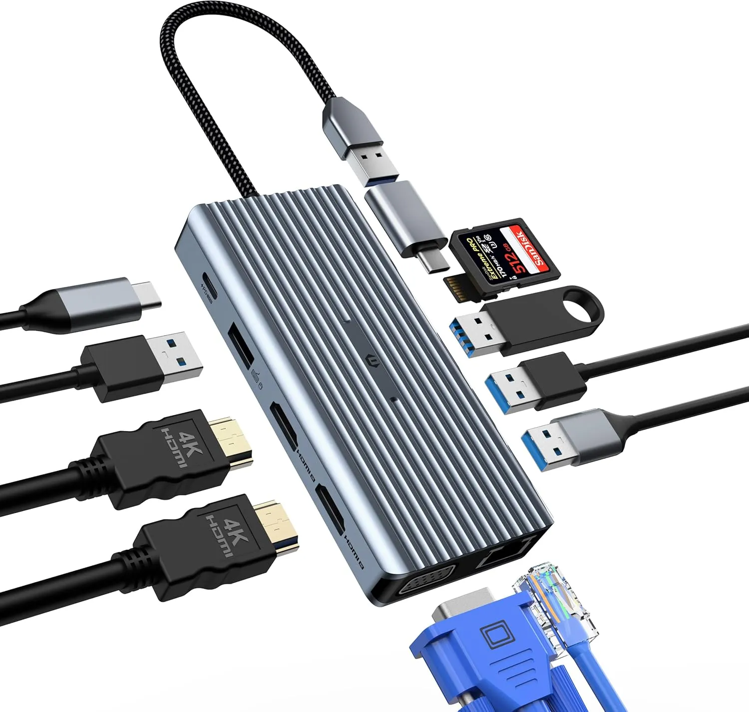 12 in 1 USB C Docking Station, USB C Hub, 2 * 4K HDMI, VGA, 3 x USB A Ports, SD/TF Card Reader, 3.5mm Audio/Mic, 100W PD, Ethernet Port, Compatible with Mac Pro/Air/Windows Laptops