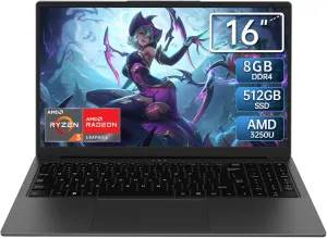 16" Business Laptop, AMD Ryzen 3 3250U Processor, Up to 3.5GHz, 8GB RAM, 512GB SSD, Fingerprint Unlock, Backlight Keyboard, Secure Webcam, 57Wh Battery, USB-C PD, Win 11 Pro Laptops, Gray