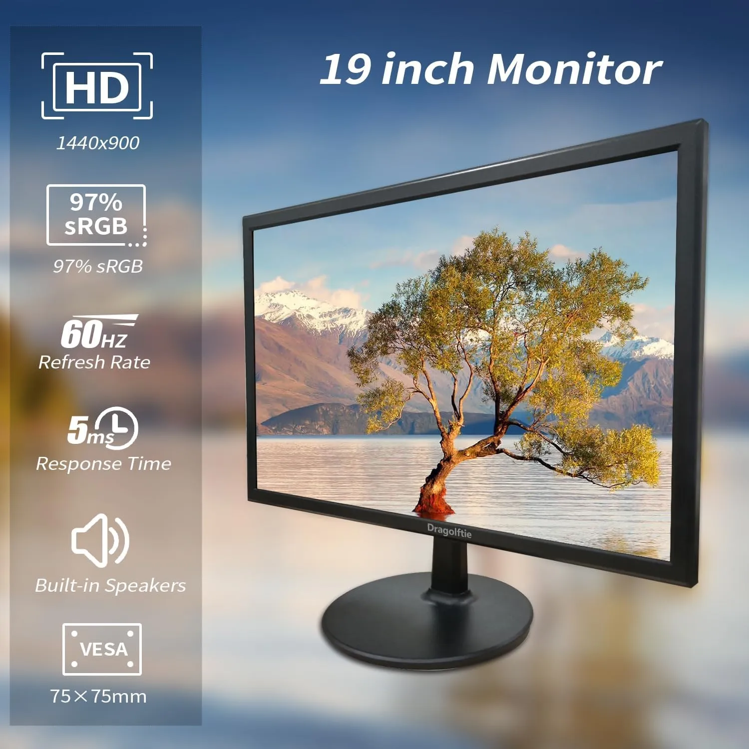 19 Inch PC Desktop Monitor 1440x900, Dual Built-in Speakers, 60Hz, 5ms, Computer Display Low-Blue Light LED Monitors, HDMI, VGA, VESA Mountable Business Screen, Black