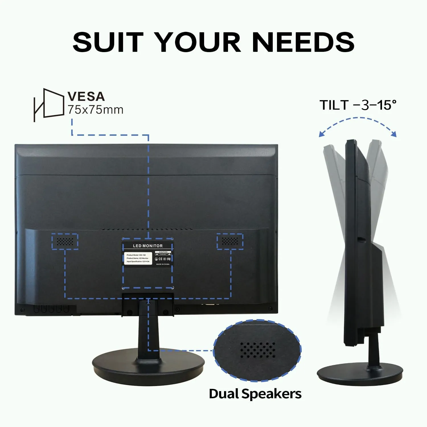 19 Inch PC Desktop Monitor 1440x900, Dual Built-in Speakers, 60Hz, 5ms, Computer Display Low-Blue Light LED Monitors, HDMI, VGA, VESA Mountable Business Screen, Black