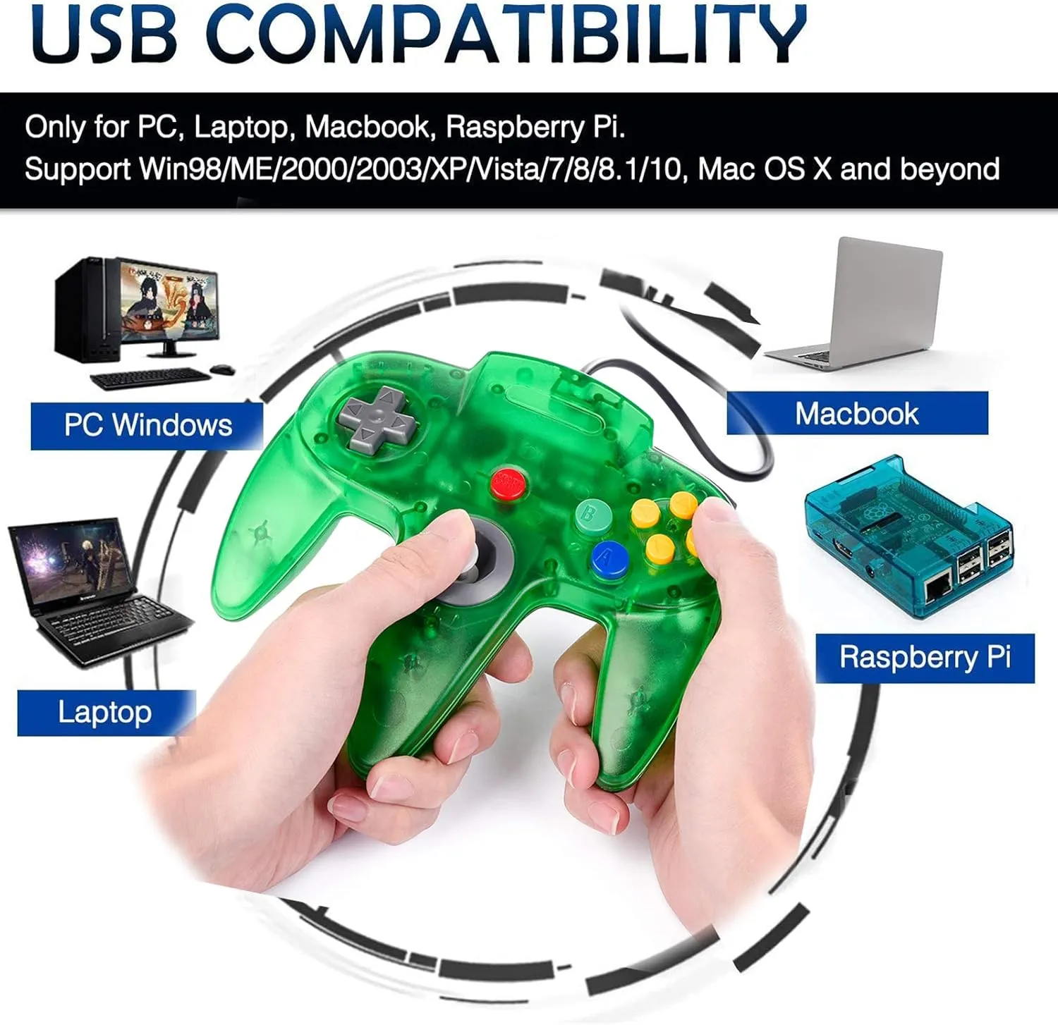 2 Pack Classic N64 Controller, Wired USB PC Game Pad Joystick, Bit USB Wired Game Stick Joy Pad Controller for Windows PC, MAC, Linux, Raspberry Pi 3, Sega Genesis (Clear Green/Clear Red)