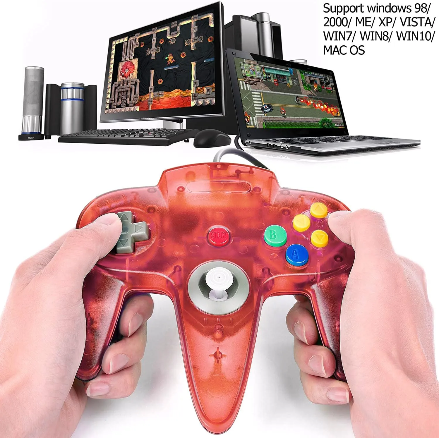 2 Pack Classic N64 Controller, Wired USB PC Game Pad Joystick, Bit USB Wired Game Stick Joy Pad Controller for Windows PC, MAC, Linux, Raspberry Pi 3, Sega Genesis (Clear Green/Clear Red)