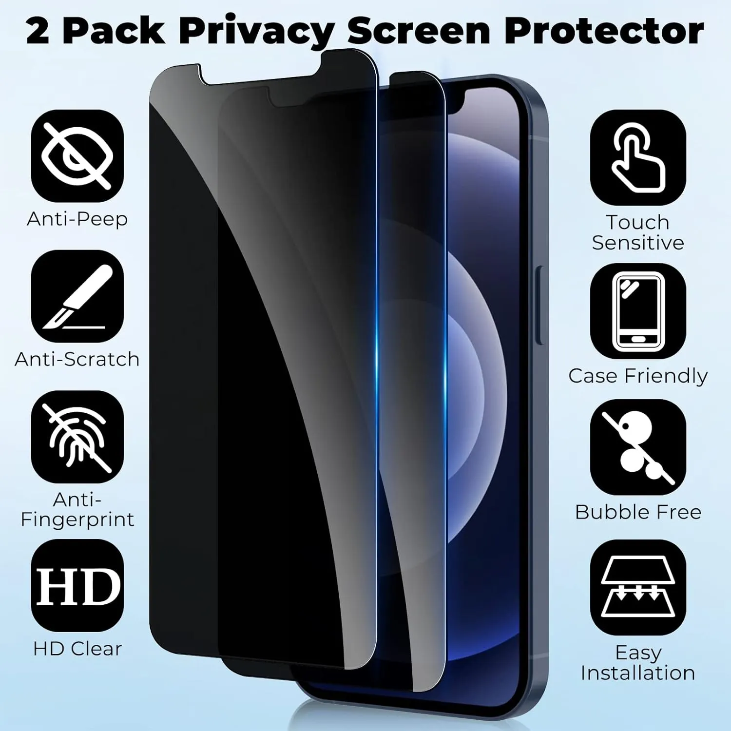 2 Pack Privacy Screen Protector for iPhone 12/12 Pro 6.1 inch, Anti-Spy Screen Protector Tempered Glass Film Shatterproof/Anti-Scratch/Touch Sensitive/No Air Bubbles/Easy to Install