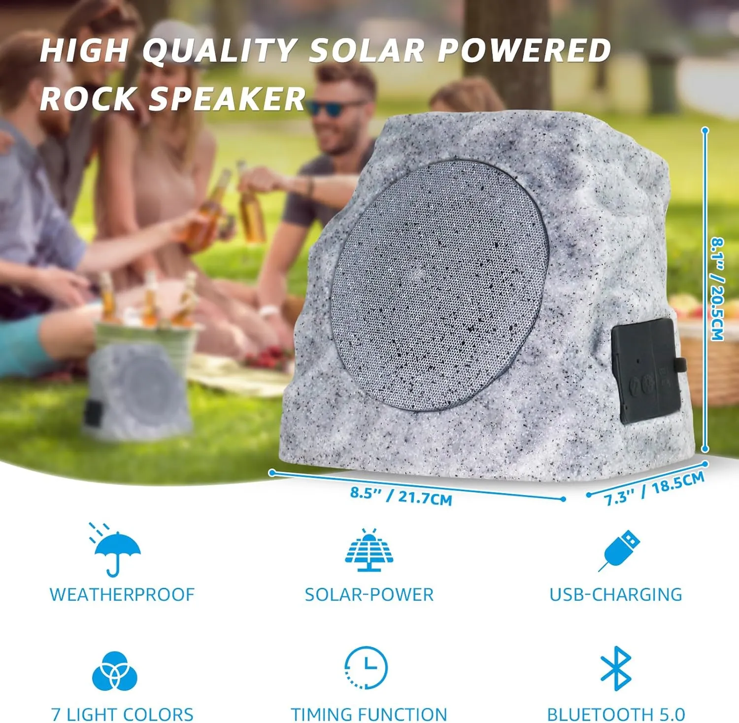2-Pack Solar Powered Rock Speakers Outdoor Water-Resistant with 3 Mode Lights and TWS Pair Function USB Rechargeable for Patio Garden Party Pool Outside(Two)