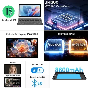 2025 2K Tablet 11 Inch Android 13 | Octa-Cores | 16GB RAM 256GB ROM | 2K Display 2000*1200 | WiFi 6 | BT5.0 | 4 Speakers | 8600mAh | 13MP Cameras | with Case, Keyboard with Support & Mouse - Black