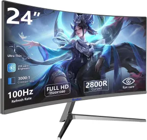 24 inch Curved Gaming Computer Monitor FHD 1920x1080p 100Hz Refresh Rate 16:9 Aspect Ratio Free Sync Ergonomic Tilt Home Office Visual Experience for Work Play Support Wallmount (75x75mm)