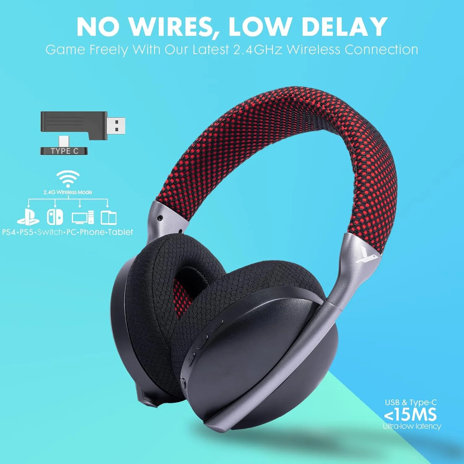 2.4GHz Wireless Gaming Headset for PS5, PS4,Switch,PC, Noise Canceling Mic, 15ms Low Latency, USB &Type C Adapter,35H Battery,3D Surround Sound Bluetooth5.3 Headphone for Phone, Mac, Laptop (Red)