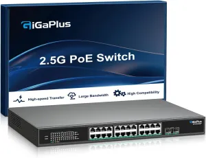 26 Port 2.5Gb Unmanaged PoE Switch with 2.5G Base-T PoE Ports and 10G SFP Uplink, 802.3af/at , 160Gbps Switching Capacity, GigaPlus 2.5G PoE Switch for 2.5G NAS/PC, WiFi6 Router, Wireless AP