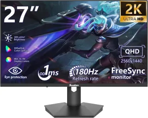 27 inch Gaming Computer Monitor,QHD 2560x1440, 180Hz,1ms, Height Adjustable,FreeSync, sRGB 99% Color Gamut, HDR10,2X HDMI 2.0,2X Display Port,PC Monitor Support Wall Mount Install(75 * 75mm)