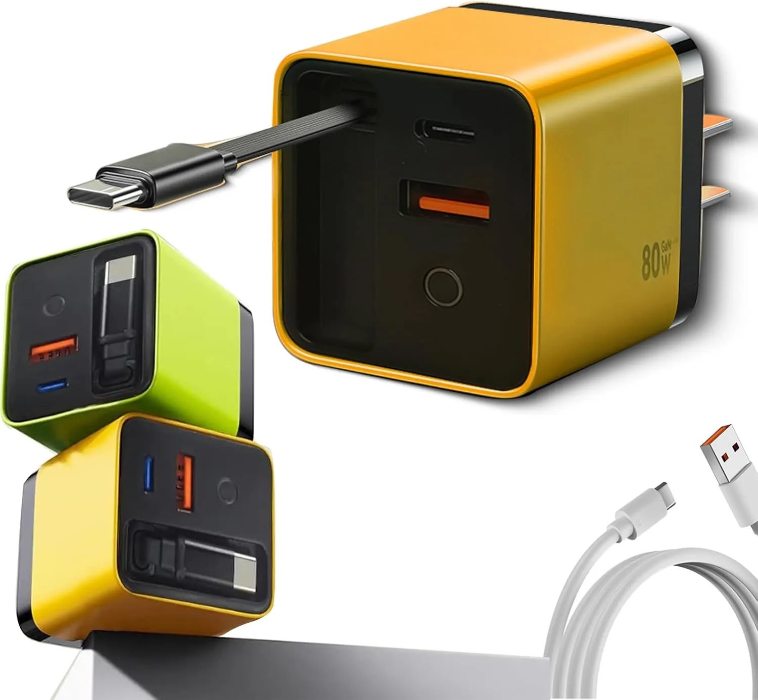 3 in 1 Gan Charger, Scalable 80w Max Fast Charger Module with Type-C Cable and 2 USB Ports, for Smartphones, Tablets and Laptops (Yellow)