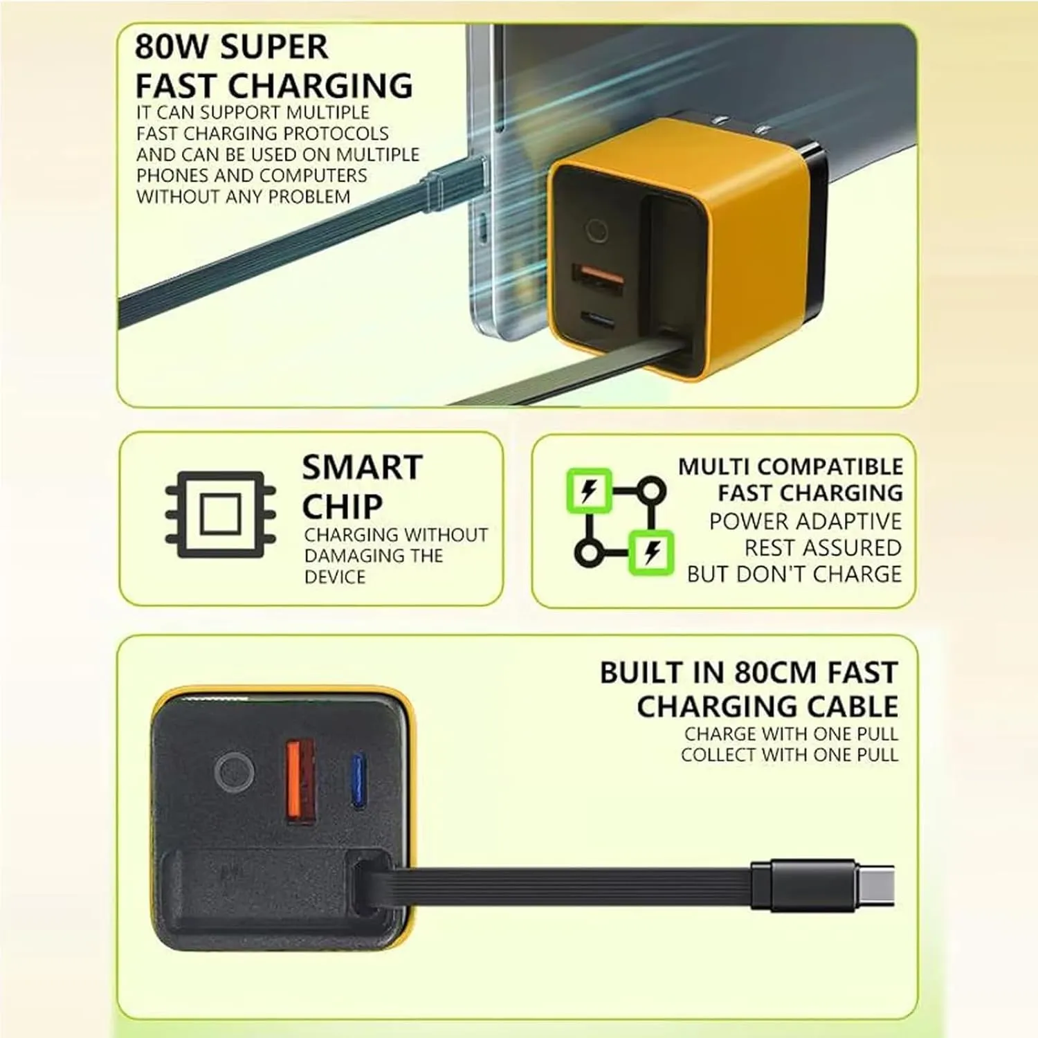 3 in 1 Gan Charger, Scalable 80w Max Fast Charger Module with Type-C Cable and 2 USB Ports, for Smartphones, Tablets and Laptops (Yellow)