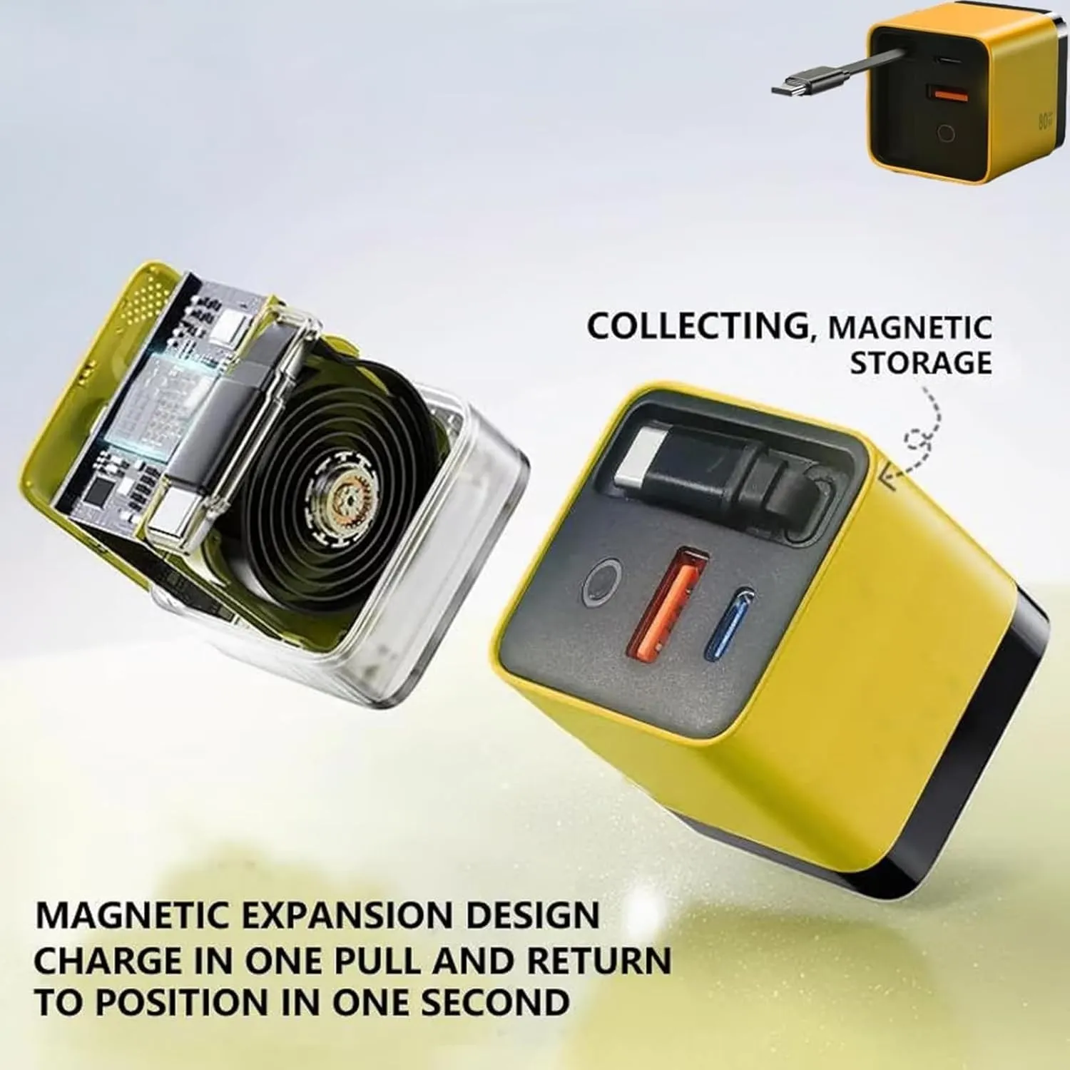 3 in 1 Gan Charger, Scalable 80w Max Fast Charger Module with Type-C Cable and 2 USB Ports, for Smartphones, Tablets and Laptops (Yellow)