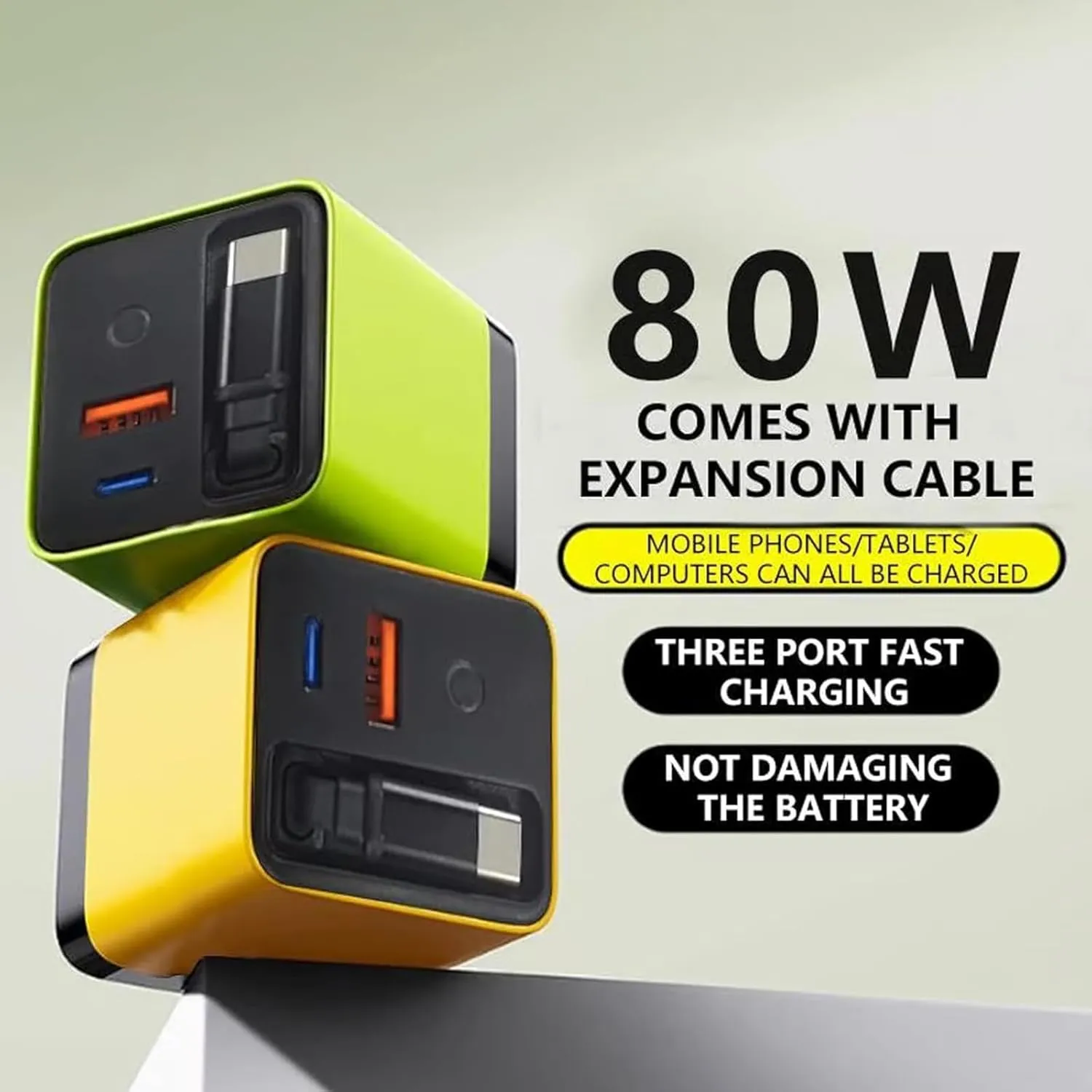 3 in 1 Gan Charger, Scalable 80w Max Fast Charger Module with Type-C Cable and 2 USB Ports, for Smartphones, Tablets and Laptops (Yellow)