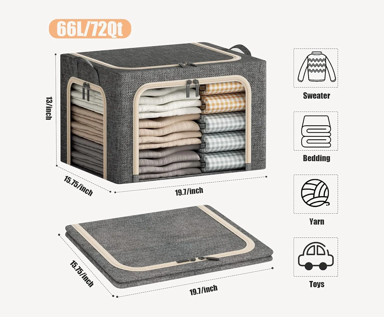 3 Opeings Large Clothes Storage Bins with Metal Frame, Foldable Storage Bin for Clothes, Clothing Storage Bins with Lid, Linen Storage Box With Clear Window Zippers Handles.(3 Pcs,Dark Grey,66L)