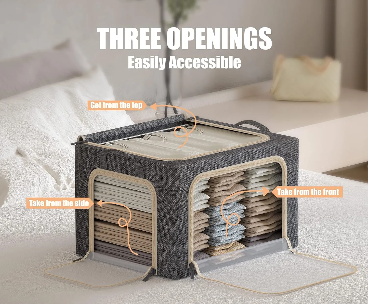 3 Opeings Large Clothes Storage Bins with Metal Frame, Foldable Storage Bin for Clothes, Clothing Storage Bins with Lid, Linen Storage Box With Clear Window Zippers Handles.(3 Pcs,Dark Grey,66L)