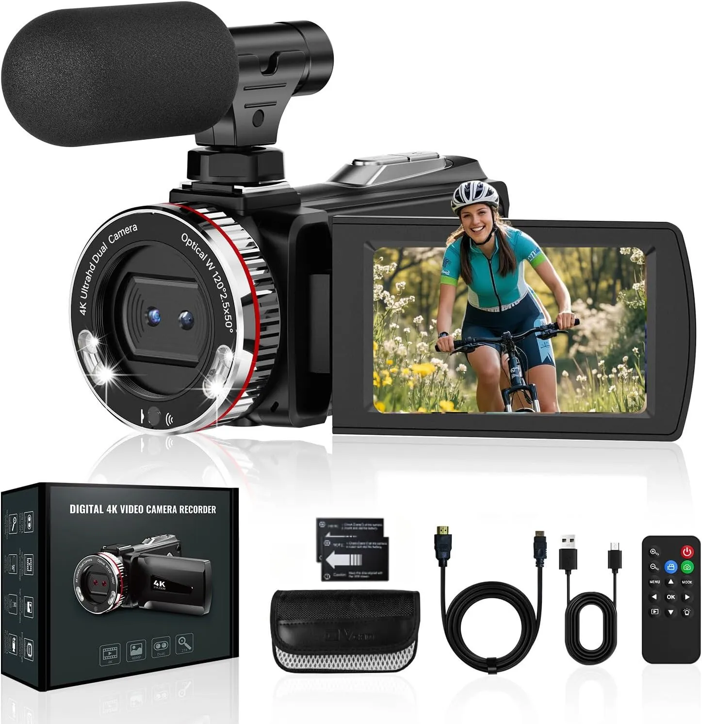 4K 60FPS Video Camera Camcorder with HDMI Cable, 48MP Vlogging Camera for YouTube, 21X Zoom Dual Lens Camera Recorder, Rotatable Screen Video Recorder with Mic, 2 Batteries