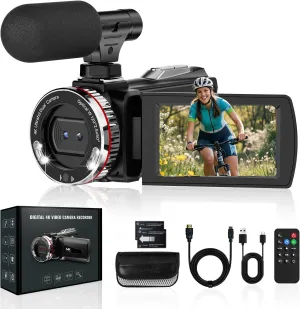 4K 60FPS Video Camera Camcorder with HDMI Cable, 48MP Vlogging Camera for YouTube, 21X Zoom Dual Lens Camera Recorder, Rotatable Screen Video Recorder with Mic, 2 Batteries