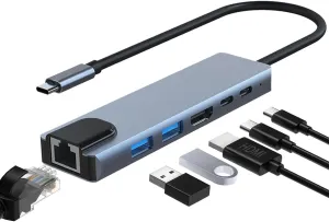6-in-1 USB C Hub, Ethernet Multi Port Adapter with 4K HDMI, RJ45 Ethernet Port, USB 3.0/2.0, USB C, PD100W, Suitable for MacBook Pro/Air, iPad Pro, Dell XPS, etc