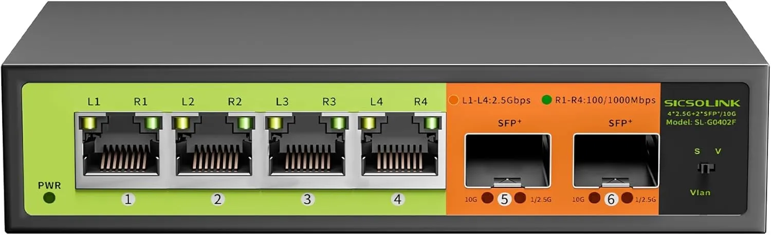 6 Port 2.5Gb Network Switch, 4x2.5G RJ45, 2x10G SFP , Muti-gigabit, Unmanaged, Metal Case, 60G Bandwidth, Fanless, Compatible with 2.5gbe NAS, PC, AP