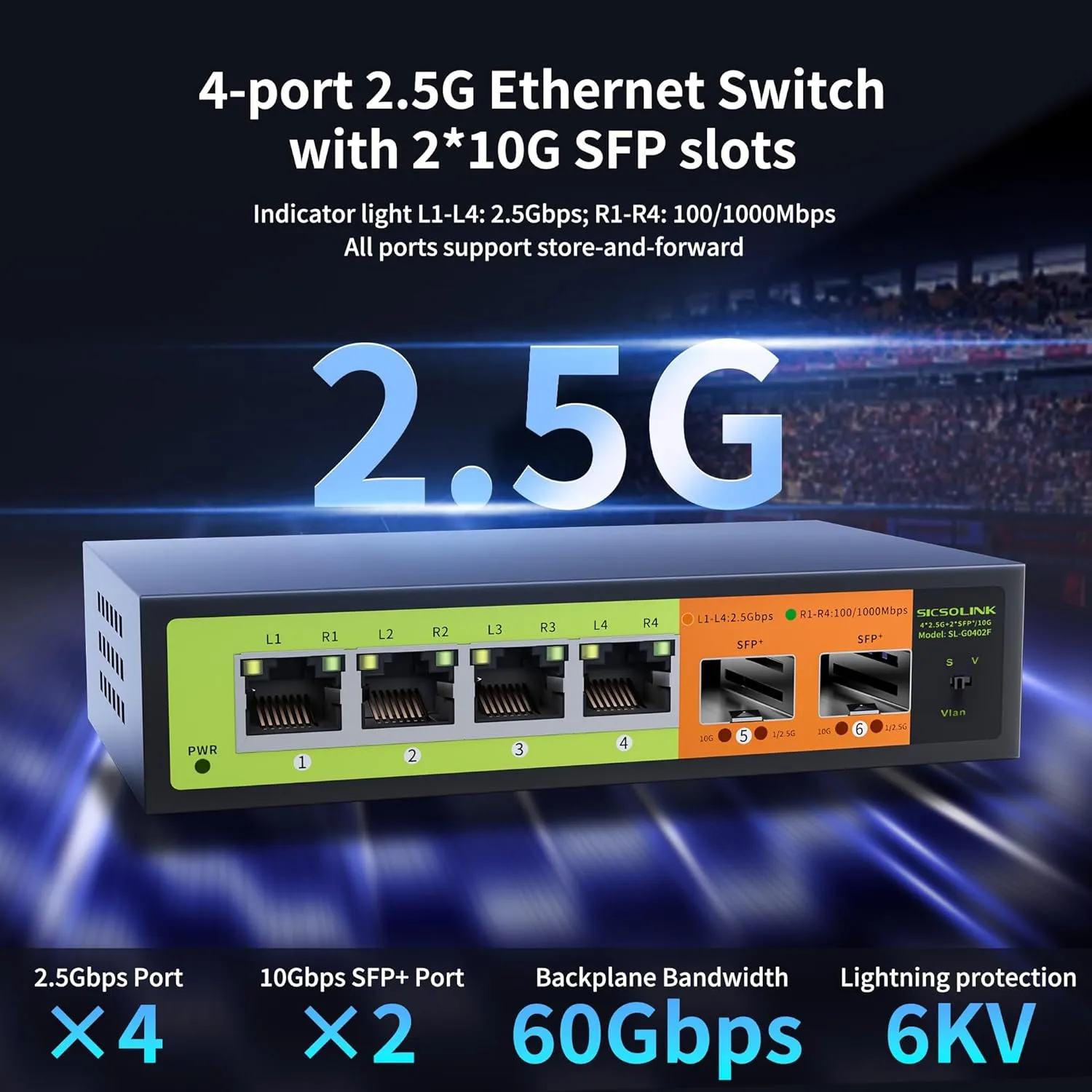 6 Port 2.5Gb Network Switch, 4x2.5G RJ45, 2x10G SFP , Muti-gigabit, Unmanaged, Metal Case, 60G Bandwidth, Fanless, Compatible with 2.5gbe NAS, PC, AP