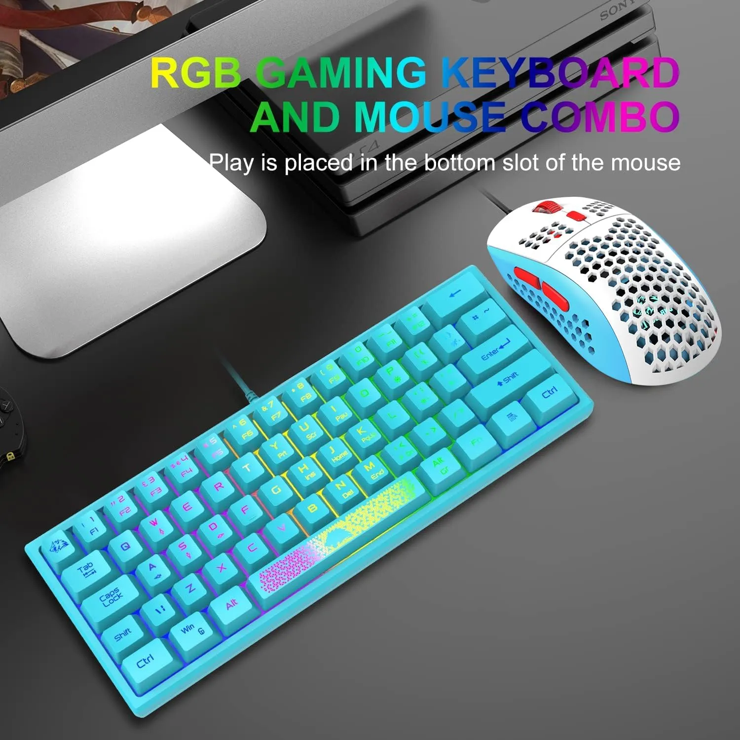 60% Gaming Keyboard and Mouse Combo Samll Mini RGB Backlight Mechanical Feeling and Honeycomb Optical Mouse, Mouse pad for Gamers and Typists