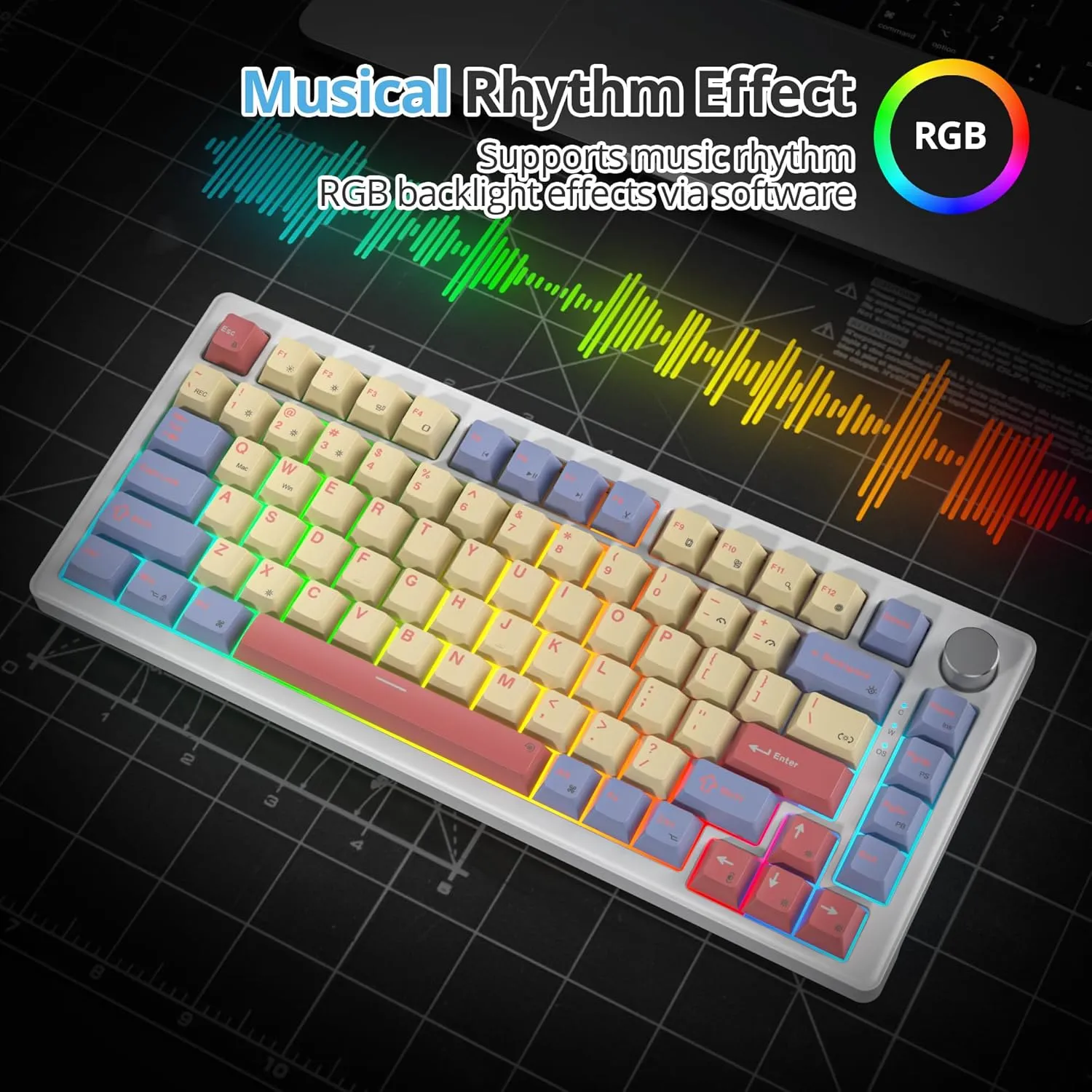 75% Mechanical Keyboard Gasket with Knob, Custom Wired Creamy Gaming Keyboard TKL 75 Percent Hot Swappable RGB Backlit, Pre-lubed Switch for Win/MAC PC LaptopCotton Candy/White Switch