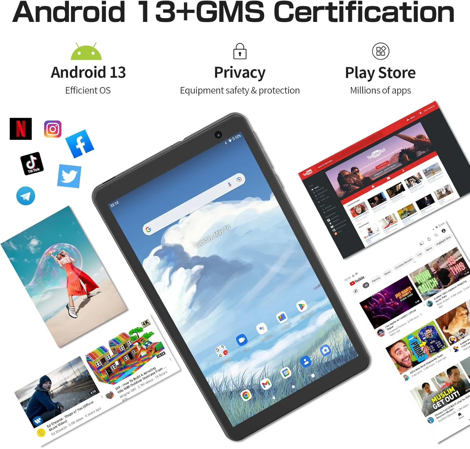 8 inch Tablet Android 13 Tablets,Quad-Core Tablet PC,8GB RAM 64GB ROM 512GB Expand,5000mAh Battery, 2 8MP Dual Cameras, Bluetooth, 2.4G/5G WiFi Tablets(Gray)