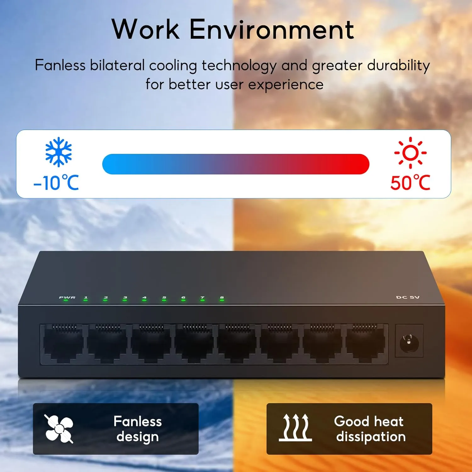 8 Port Gigabit Ethernet Switch|Desktop/Wall-Mount|Plug & Play| Fanless |Metal Housing|Fanless Design|Desktop Ethernet Splitter|Quiet Unmanaged Network Switch