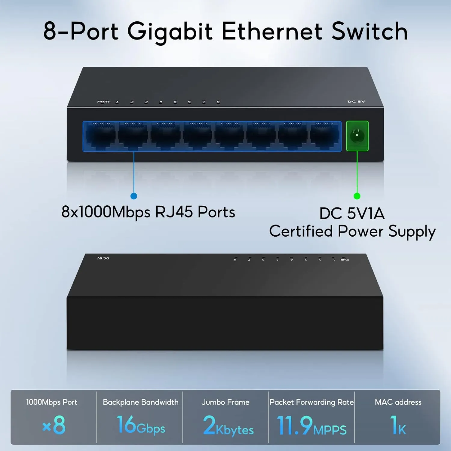 8 Port Gigabit Ethernet Switch|Desktop/Wall-Mount|Plug & Play| Fanless |Metal Housing|Fanless Design|Desktop Ethernet Splitter|Quiet Unmanaged Network Switch