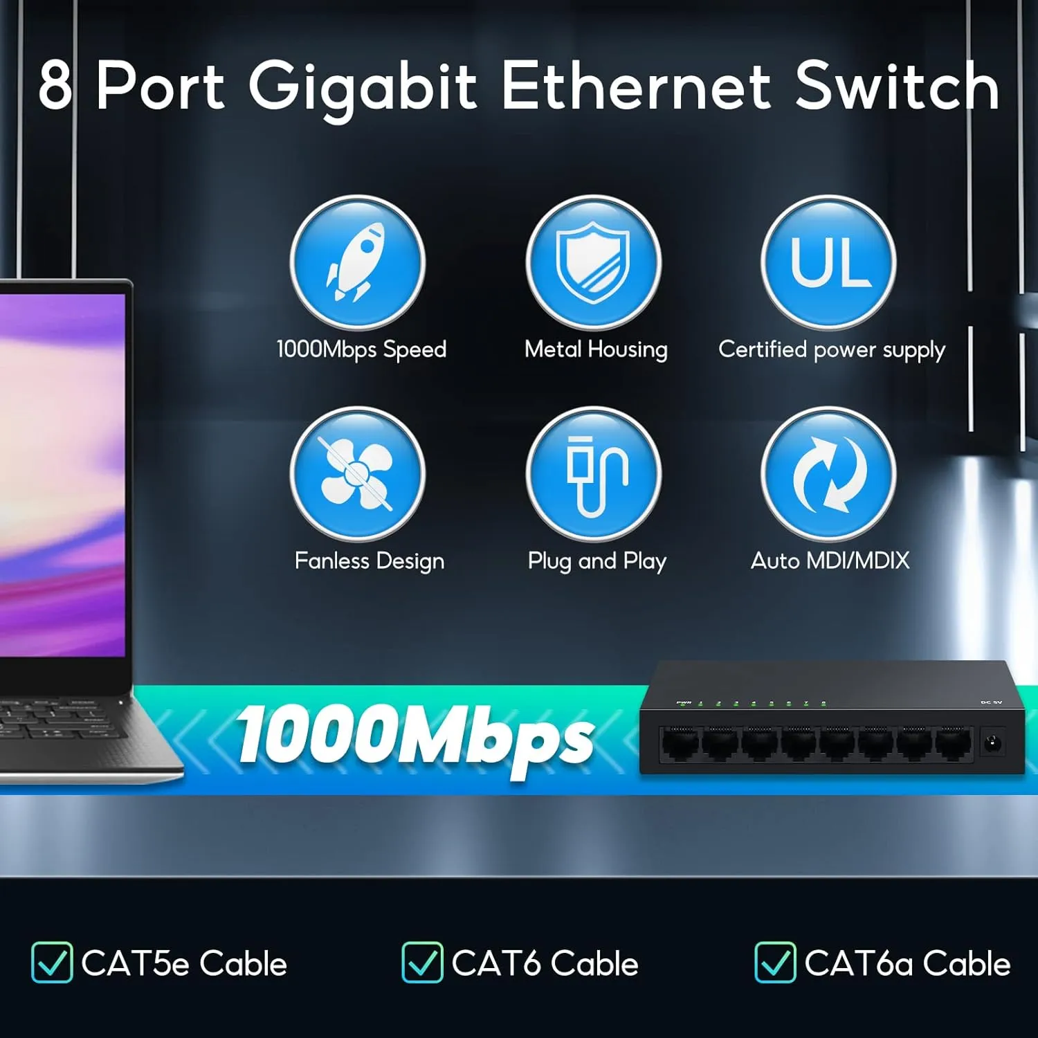 8 Port Gigabit Ethernet Switch|Desktop/Wall-Mount|Plug & Play| Fanless |Metal Housing|Fanless Design|Desktop Ethernet Splitter|Quiet Unmanaged Network Switch
