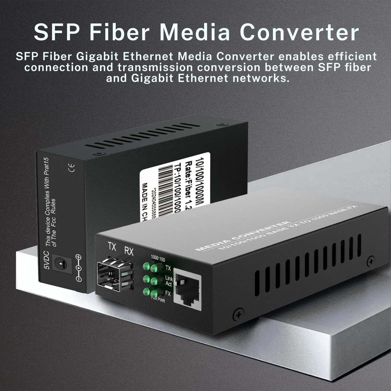 A Pair of 1.25G/s Bidi Gigabit Single-Mode Fiber Ethernet Media Converter with 2PCS Bidi SFP LC Transceiver Module Included, 10/100/1000Base-Tx to 1000Base-SX SMF RJ45 to SFP Slot up to 30KM