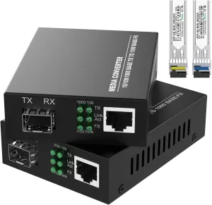 A Pair of 1.25G/s Bidi Gigabit Single-Mode Fiber Ethernet Media Converter with 2PCS Bidi SFP LC Transceiver Module Included, 10/100/1000Base-Tx to 1000Base-SX SMF RJ45 to SFP Slot up to 30KM