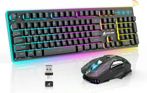 A.jAZZ Wireless Gaming Keyboard and Mouse Combo,Full Size 12 RGB Chroma Backlit Keyboard,Rechargeable 4200mAh Mechanical Feel USB/Type-C Dual Receiver Silent Mice,for PC,Mac,Laptop,PS4,Xbox,Black