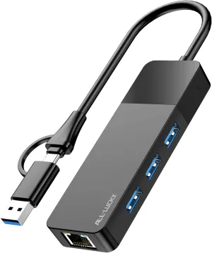ALL-LUCKY USB to Ethernet Adapter, 4 in 1 USB C to Ethernet Adapter Hub with 3 x USB 3.0 Port/Gigabit Internet Port, High-Speed Network Hub Compatible for iMac,MacBook ProiPad ProXPS