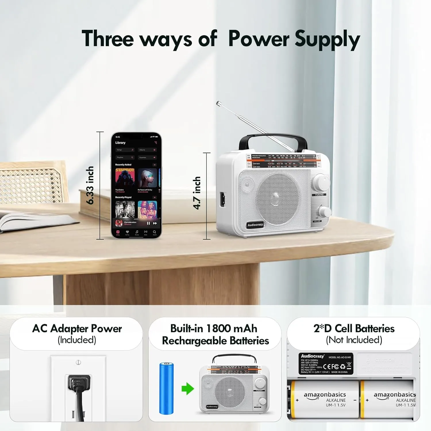 AM/FM/SW1-2 Radio Shortwave Transistor Radio AC or Battery Operated with Best Reception Big Speaker and Precise Tuning Knob with AUX in & 3.5mm Earphone Jack