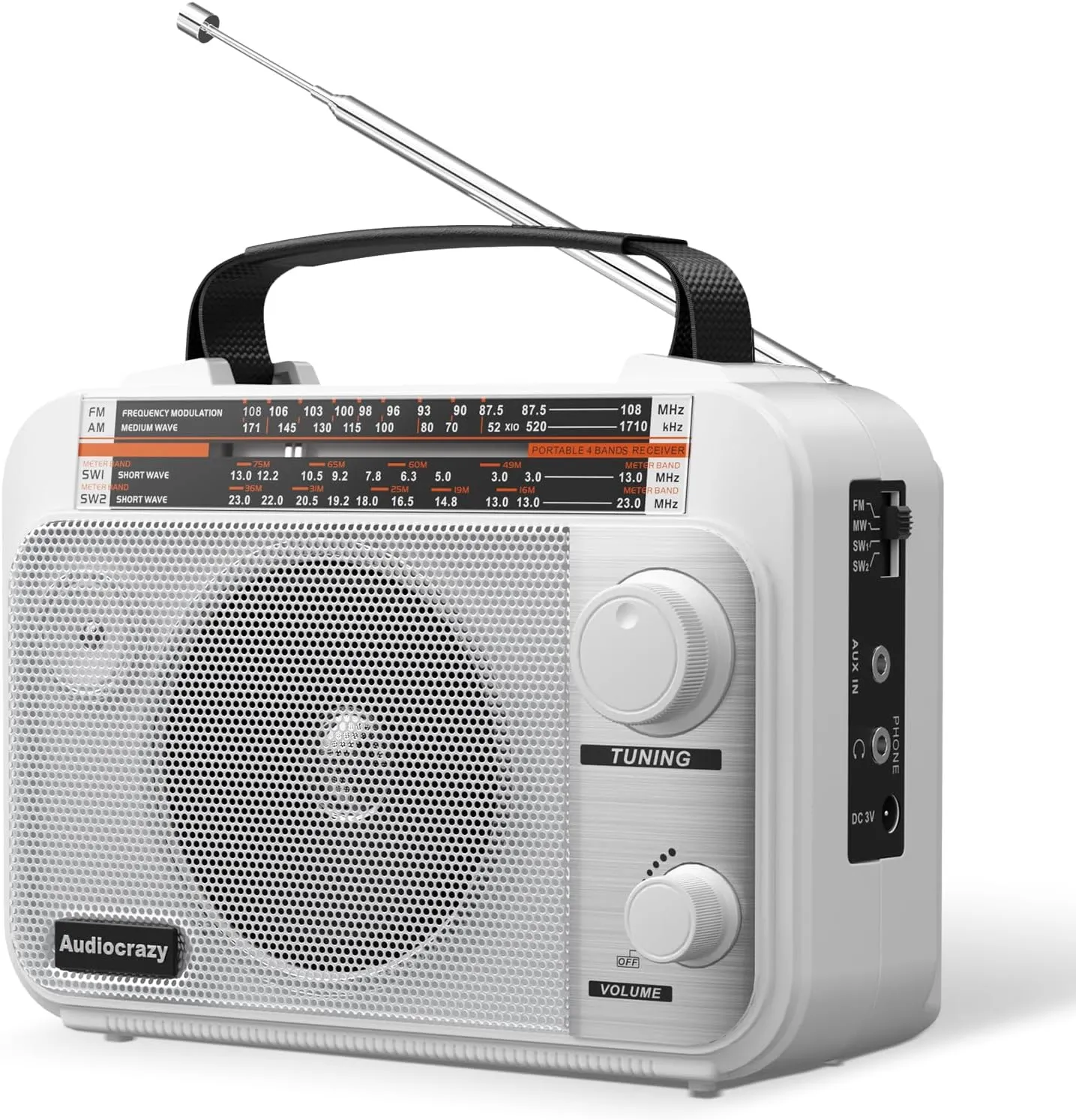 AM/FM/SW1-2 Radio Shortwave Transistor Radio AC or Battery Operated with Best Reception Big Speaker and Precise Tuning Knob with AUX in & 3.5mm Earphone Jack