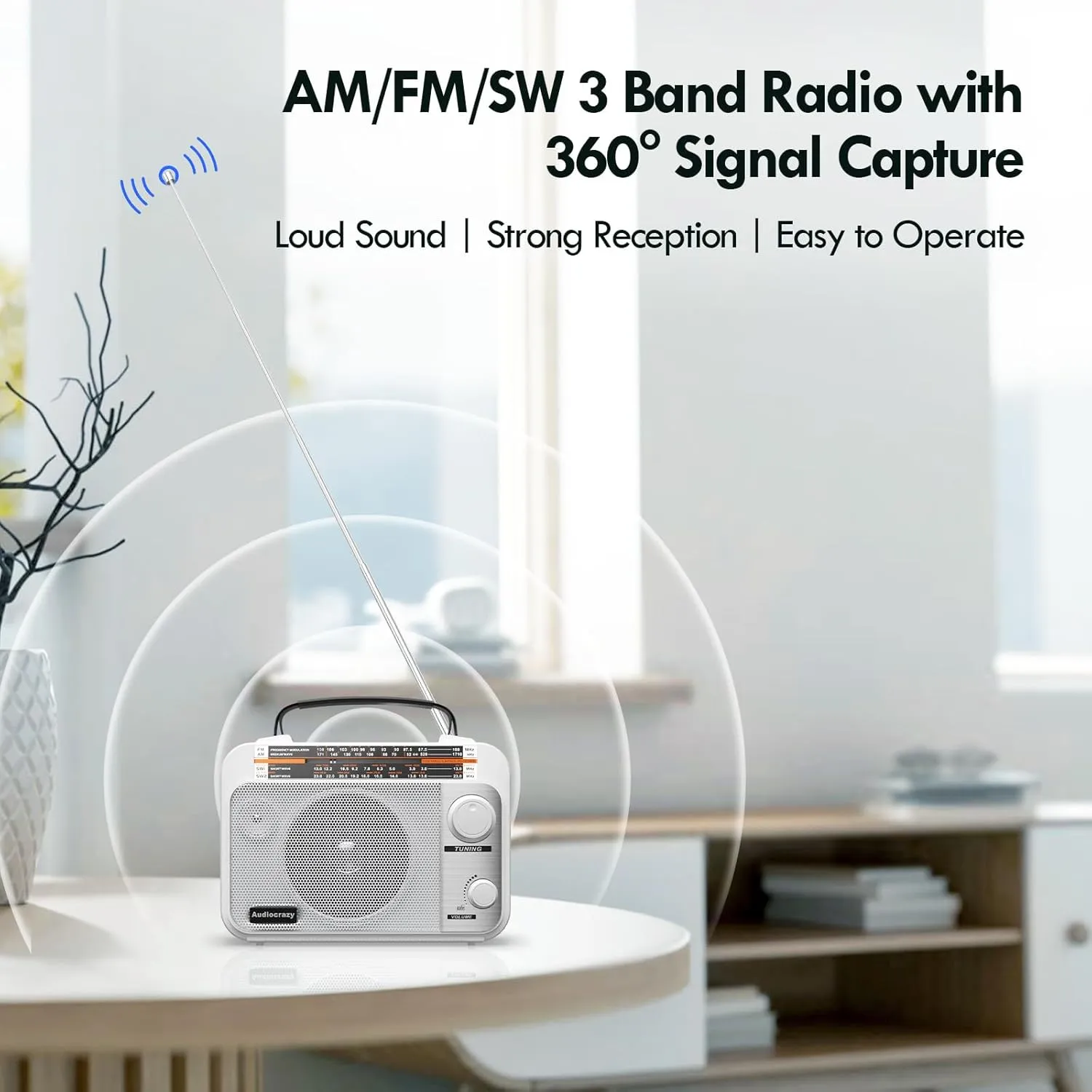 AM/FM/SW1-2 Radio Shortwave Transistor Radio AC or Battery Operated with Best Reception Big Speaker and Precise Tuning Knob with AUX in & 3.5mm Earphone Jack