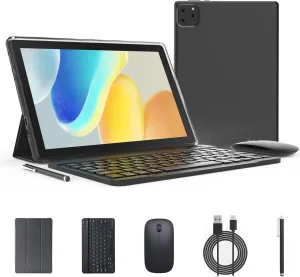 Andoird 14 Tablet 10 inch, 2 in 1 Tablets with Keyboard Case Stylus Mouse, 10GB RAM 64GB ROM 1TB Expand, Octa-Core 2.0Ghz, 5G WiFi, BT5.0, 6000mAh, 8MP Camera, 1280 x 800 HD Screen, Widevine L1, GMS