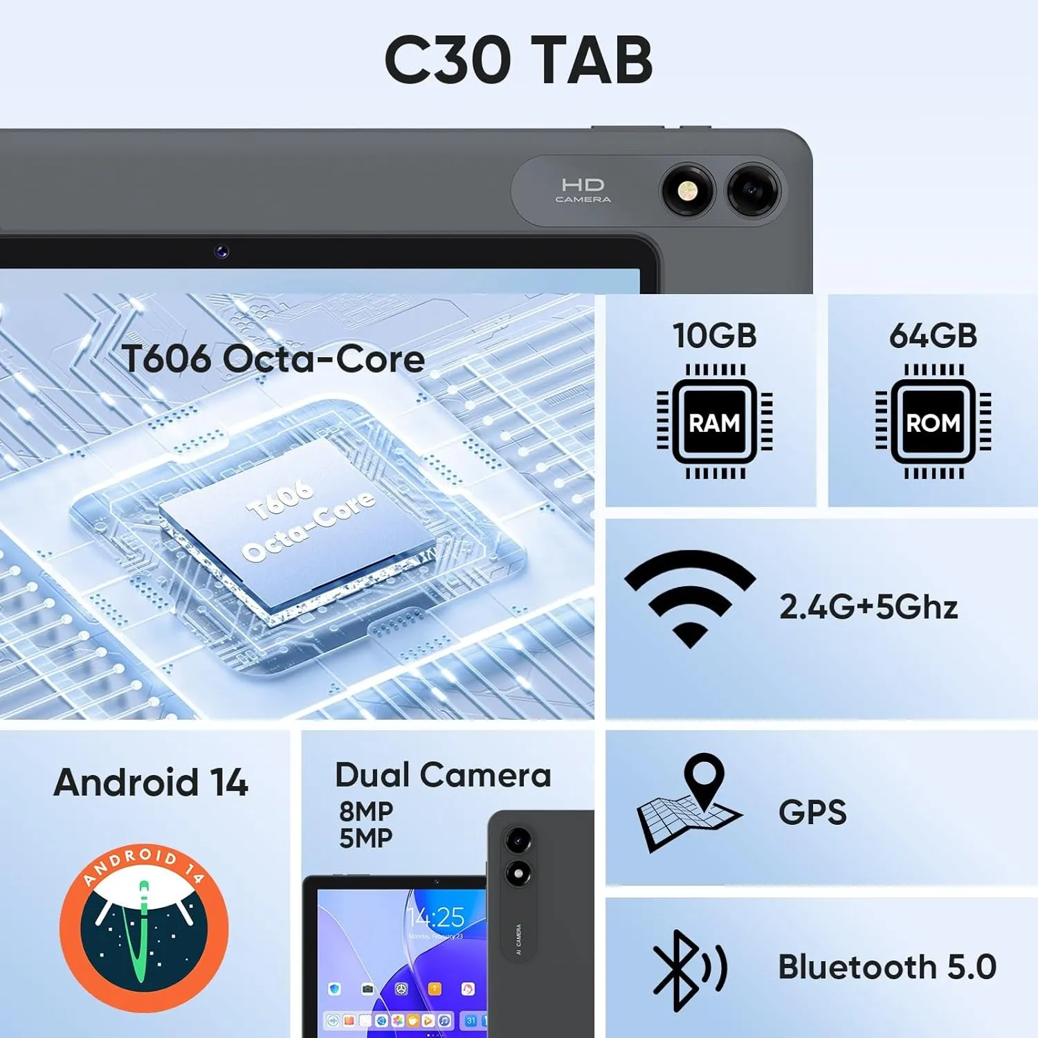 Android Tablet, 10.1 inch Octa-Core Android 14 Tablets with 10GB RAM   64GB ROM 1TB Expand, GPS, 6000mAh, 1280x800 IPS Display, BT5.0, Dual Camera, WiFi 5, GPS (Blue)