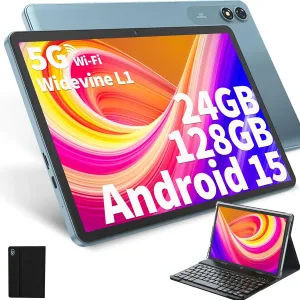 Android Tablet with Keyboard, Android 15 Tablet 10 inch with 24GB 128GB, 1TB Expand, 8-Core, 8000mAh, 5G WiFi, Widevine L1, GMS, with Case, Keyboard, Mouse, Stylus(Black)