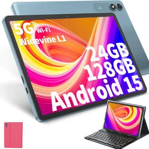 Android Tablet with Keyboard, Android 15 Tablet 10 inch with 24GB 128GB, 1TB Expand, 8-Core, 8000mAh, 5G WiFi, Widevine L1, GMS, with Case, Keyboard, Mouse, Stylus(Pink)