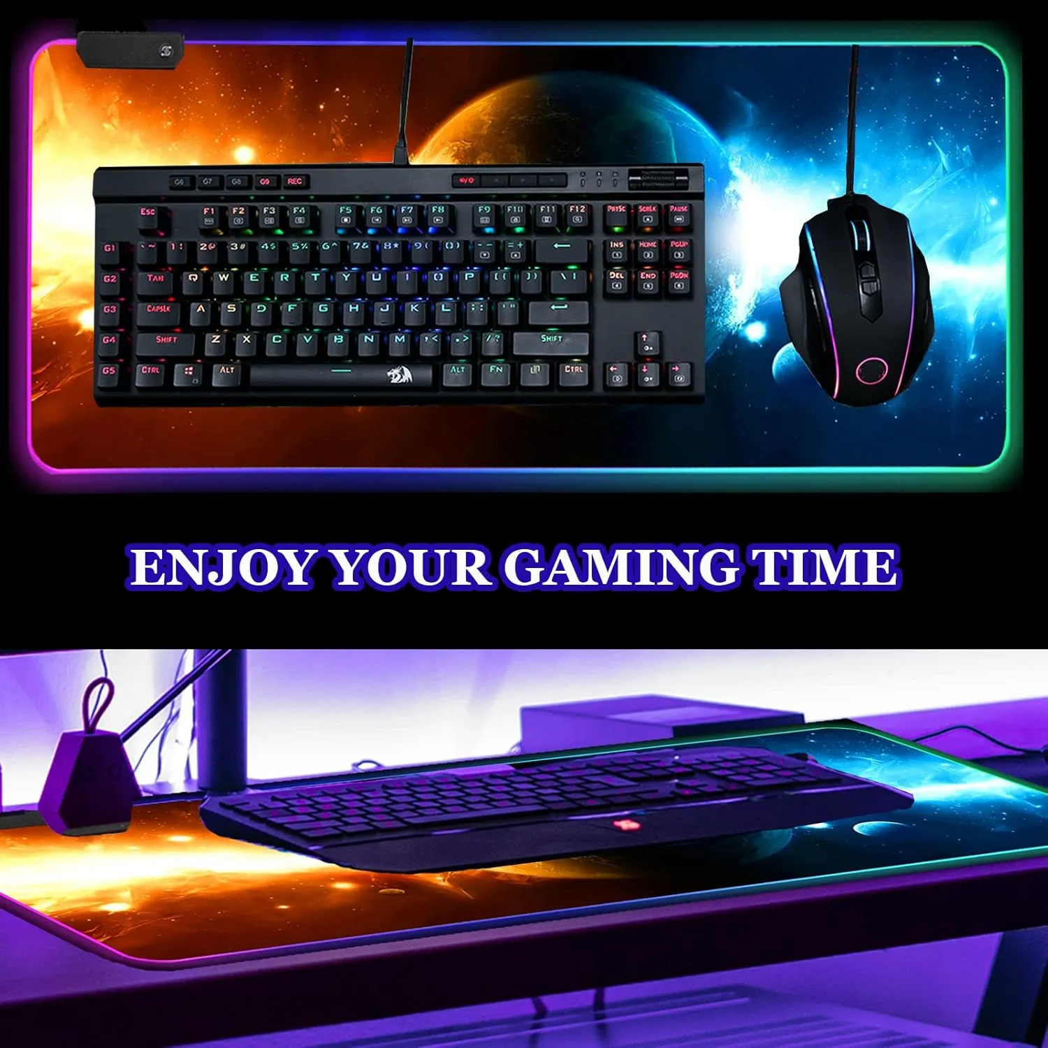 ARTSO RGB Gaming Mouse Pad Large, Extended LED Mouse Mat XXL 35.4x15.7 inch, 14 Lighting Modes, 2 Brightness, Non-Slip Rubber Base Mousepad Waterproof Keyboard Mat,Universe Space Starry Sky