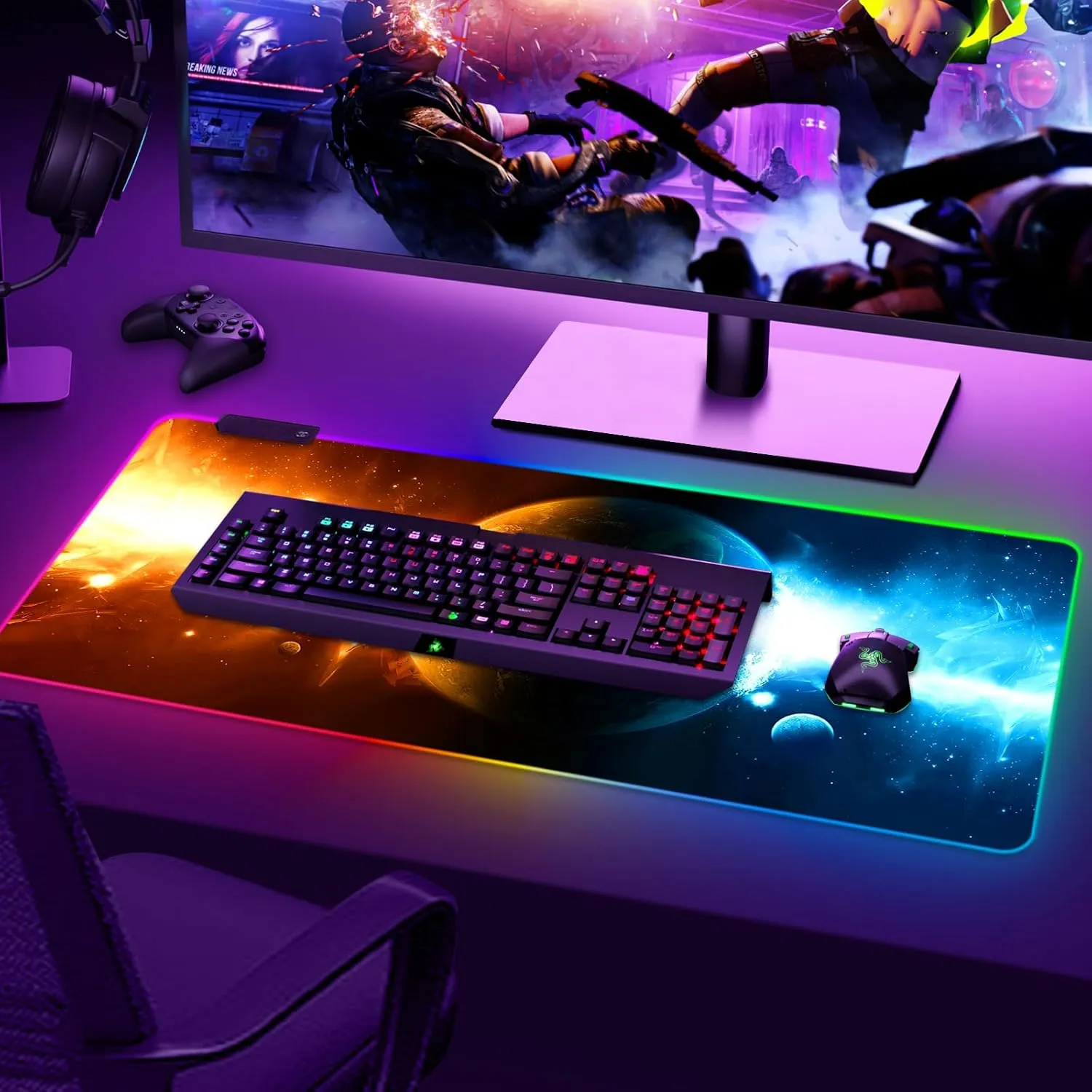 ARTSO RGB Gaming Mouse Pad Large, Extended LED Mouse Mat XXL 35.4x15.7 inch, 14 Lighting Modes, 2 Brightness, Non-Slip Rubber Base Mousepad Waterproof Keyboard Mat,Universe Space Starry Sky