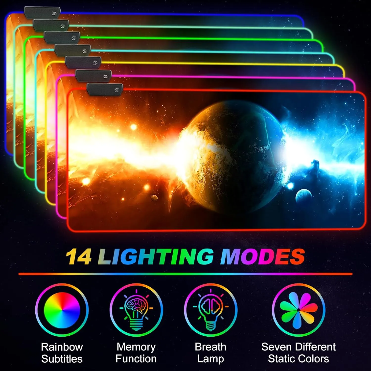 ARTSO RGB Gaming Mouse Pad Large, Extended LED Mouse Mat XXL 35.4x15.7 inch, 14 Lighting Modes, 2 Brightness, Non-Slip Rubber Base Mousepad Waterproof Keyboard Mat,Universe Space Starry Sky