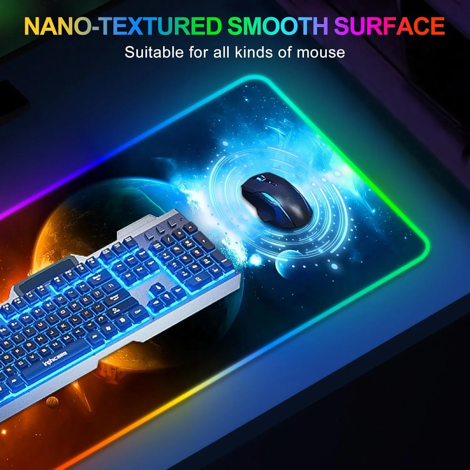 ARTSO RGB Gaming Mouse Pad Large, Extended LED Mouse Mat XXL 35.4x15.7 inch, 14 Lighting Modes, 2 Brightness, Non-Slip Rubber Base Mousepad Waterproof Keyboard Mat,Universe Space Starry Sky