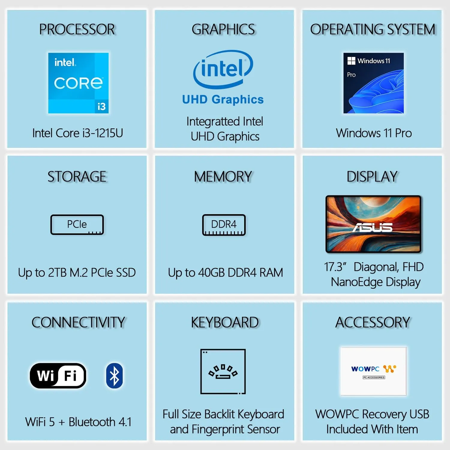ASUS New 17.3" Vivobook | Intel Core i3-1215U 6-core Processor | 40GB RAM | 1TB SSD | FHD Display | Backlit Keyboard | Fingerprint Reader | Windows 11 Pro (Renewed)